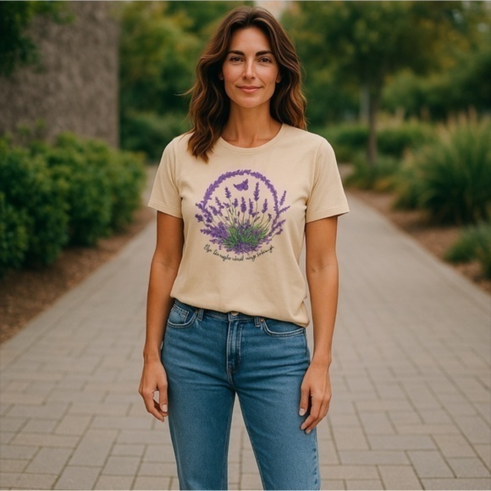 ✅🆕Wear18 short sleeve quote tee/ beige w/Lavender&Butterfly graphics 🪻🦋